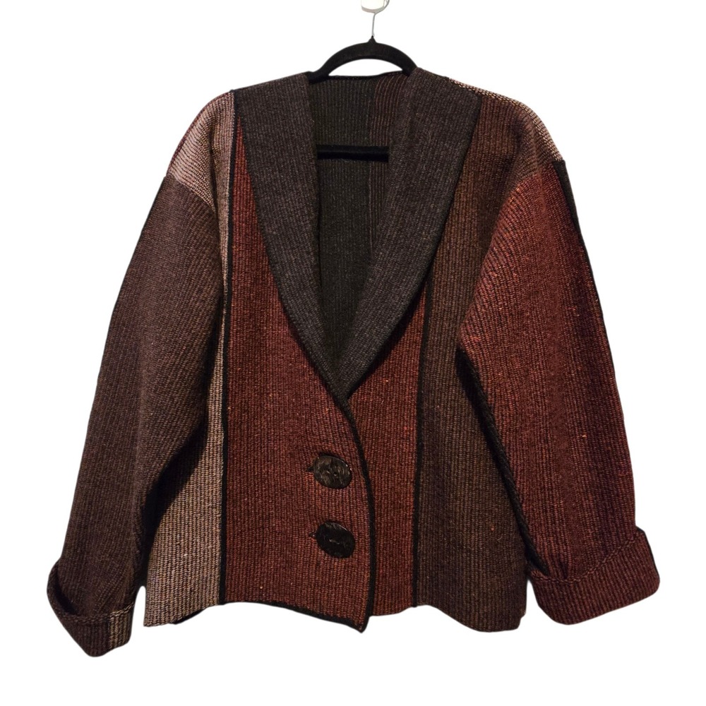 Vintage 90s Colorblock Cardigan Blazer Jacket Womens LG Brown Rust Lagenlook